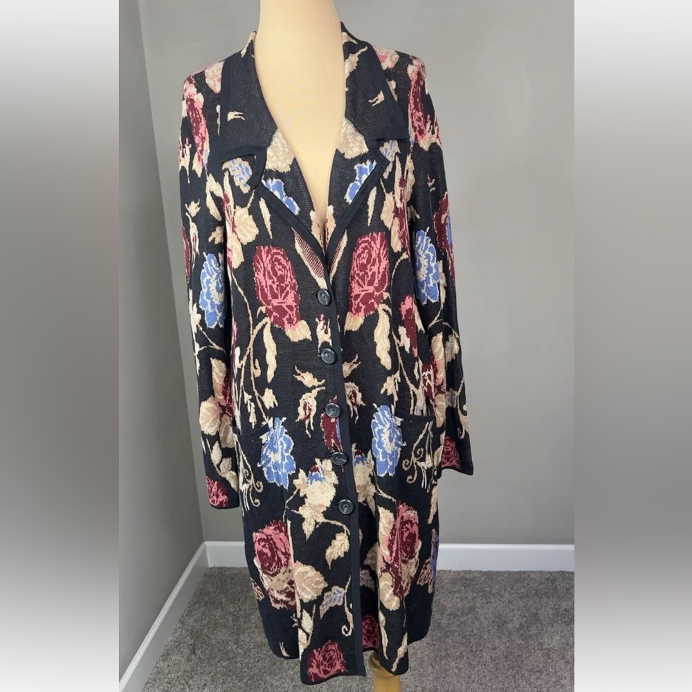 Soft Surroundings Black Multi-Color Floral Bohemian Long Cozy Cardigan Sweater M